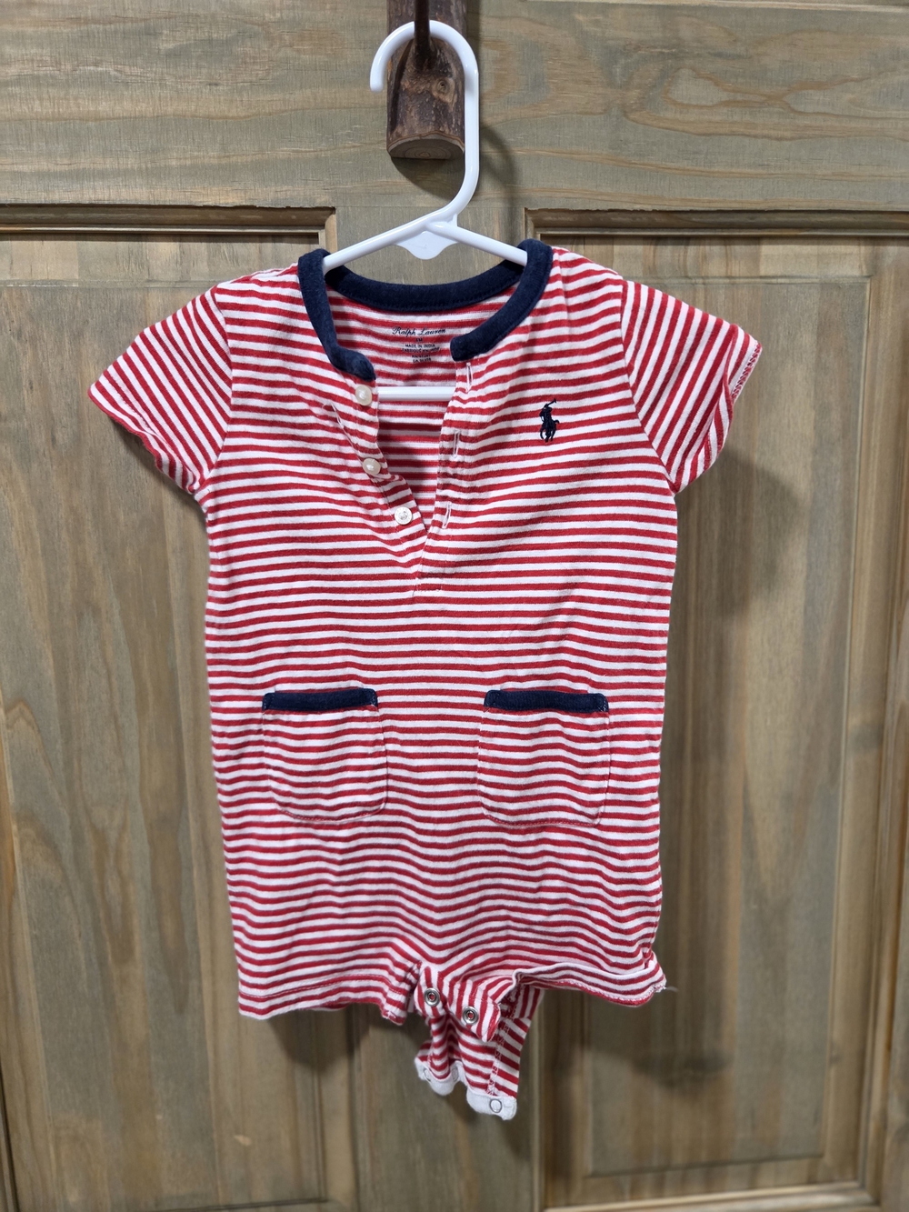 Ralph Lauren Red and White Striped Short-Sleeve Romper with Navy Trim